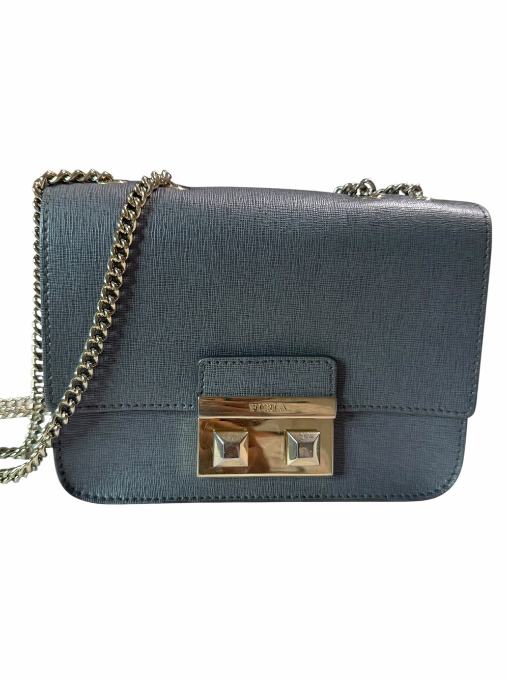 Furla Steel Gray Saffiano Leather Crossbody with Chain